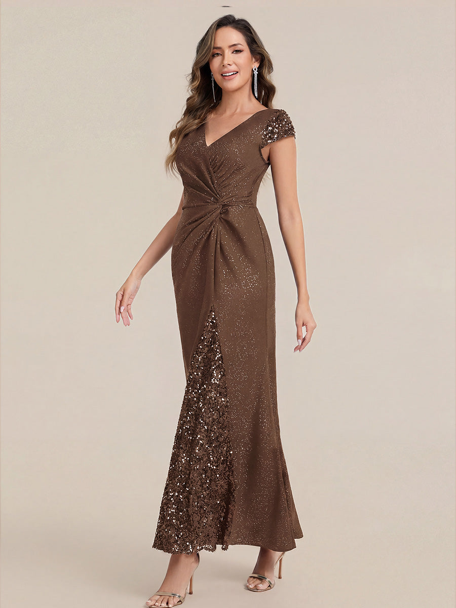 Knotted Knit Cap Sleeve Maxi Glitter Evening Dress #color_Coffee