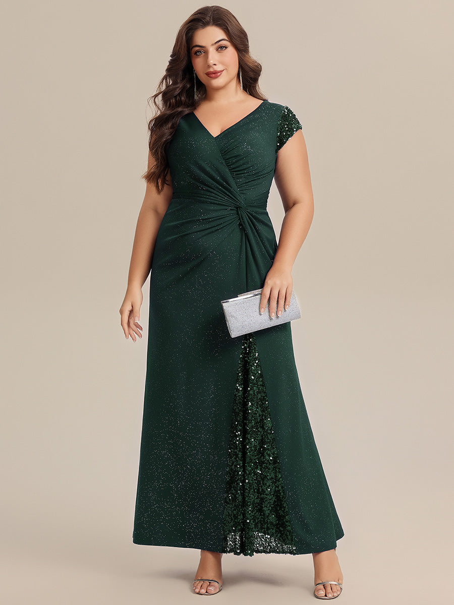 Knotted Knit Cap Sleeve Maxi Glitter Evening Dress #color_Dark Green