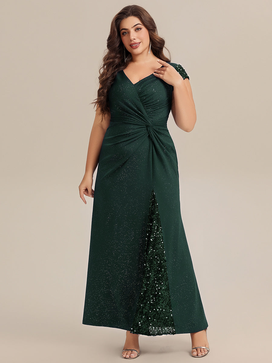 Plus Size Knotted Knit Cap Sleeve Maxi Glitter Evening Dress #color_Dark Green
