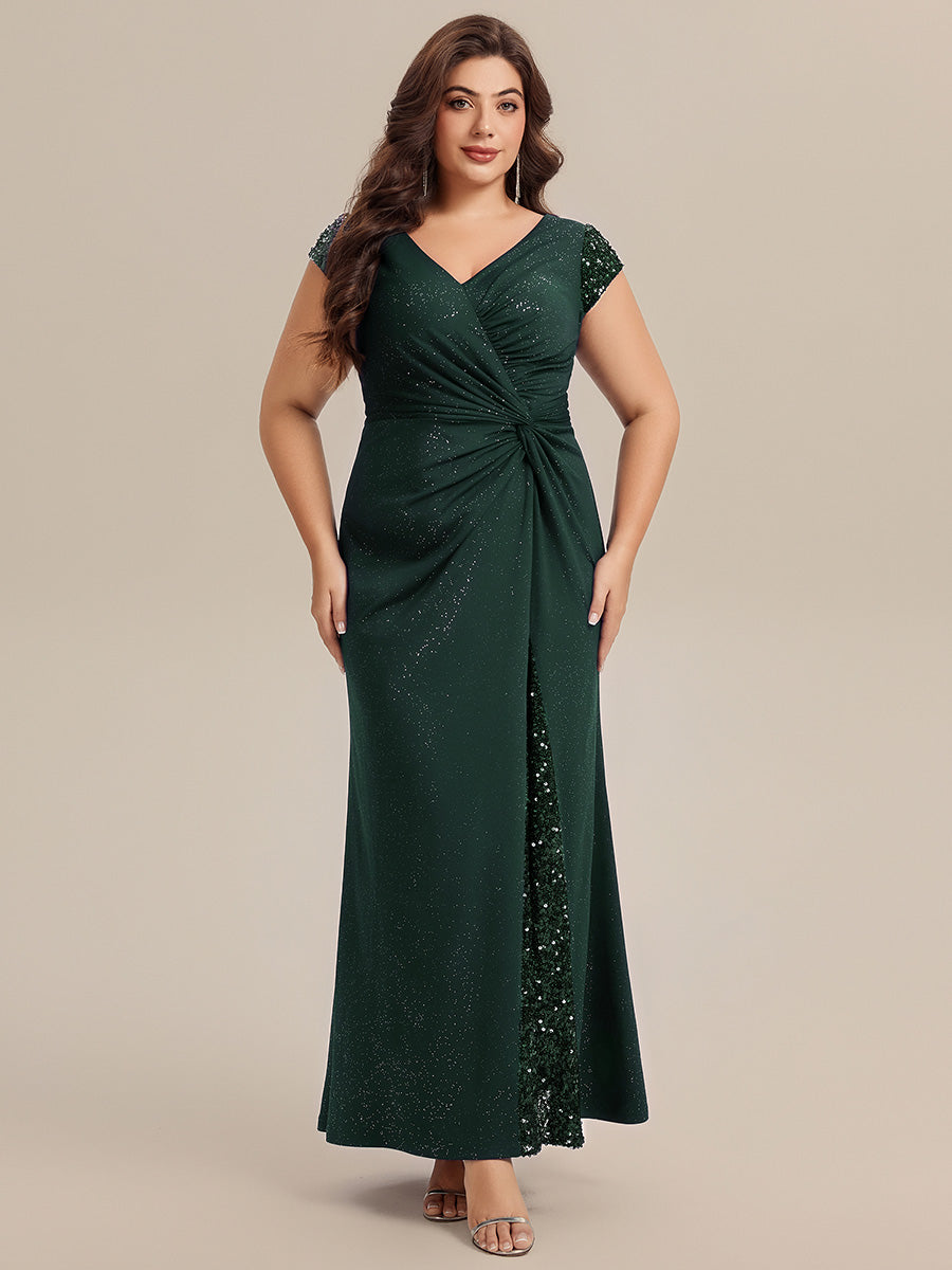 Plus Size Knotted Knit Cap Sleeve Maxi Glitter Evening Dress #color_Dark Green