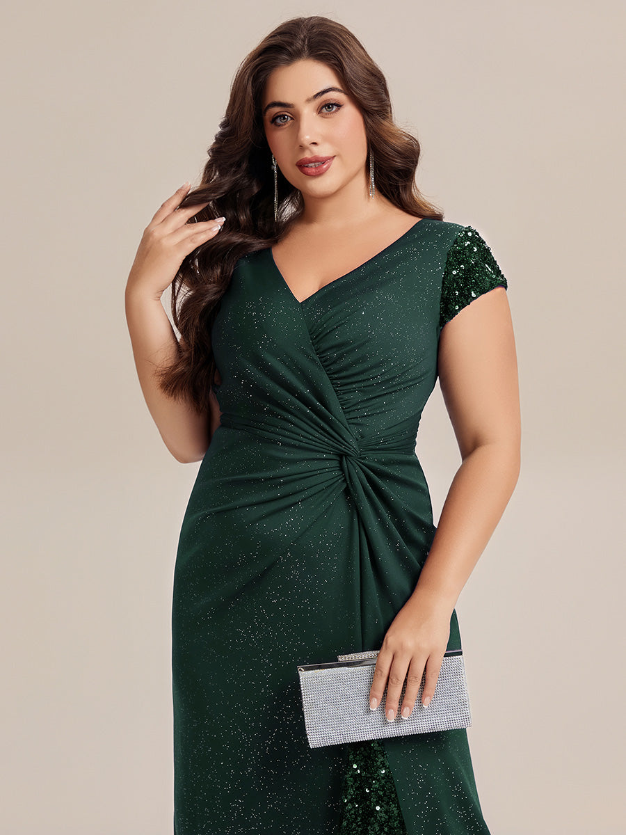 Plus Size Knotted Knit Cap Sleeve Maxi Glitter Evening Dress #color_Dark Green