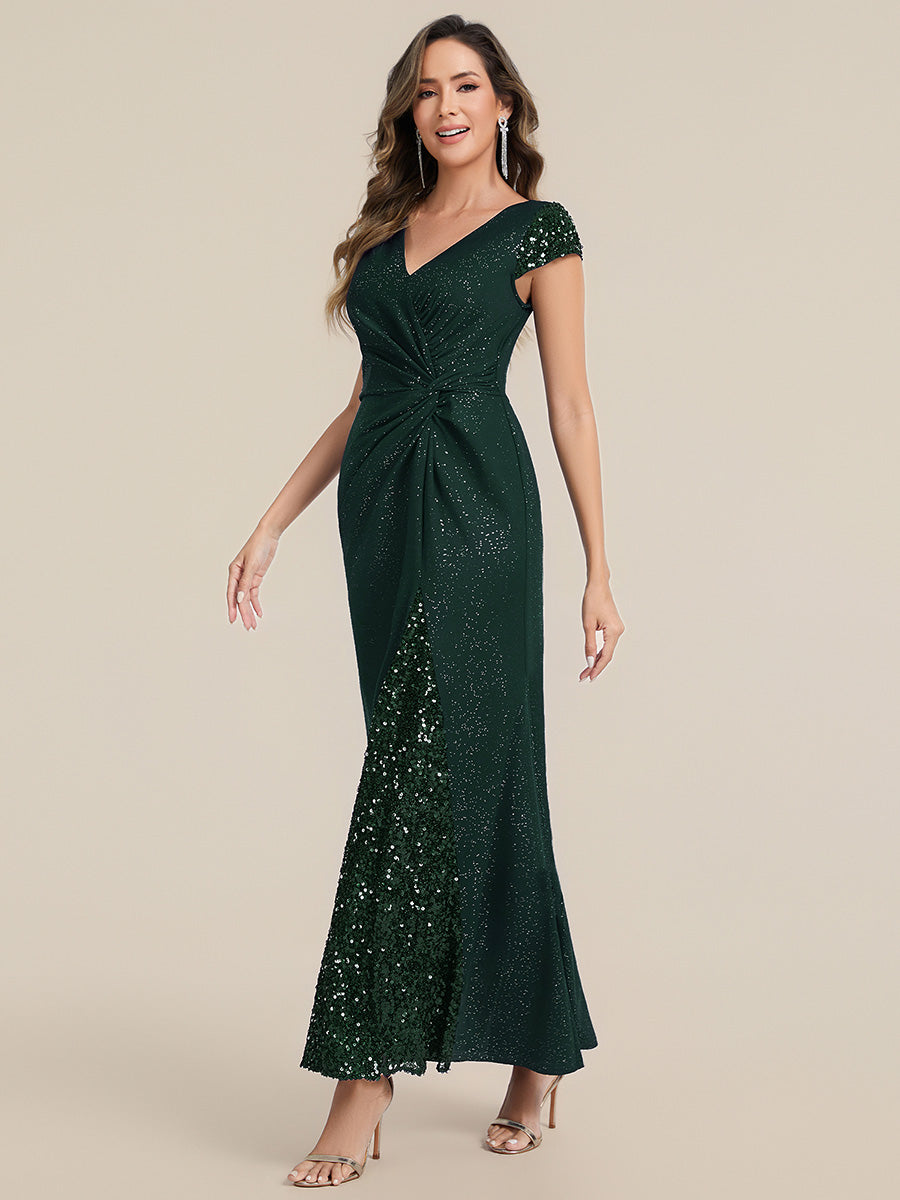 Knotted Knit Cap Sleeve Maxi Glitter Evening Dress #color_Dark Green