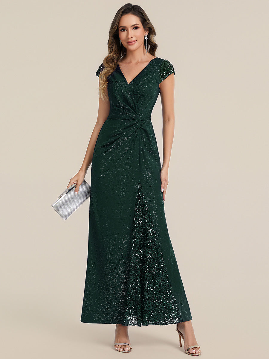 Knotted Knit Cap Sleeve Maxi Glitter Evening Dress #color_Dark Green