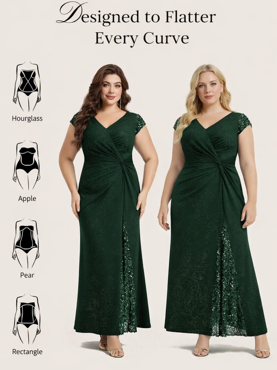 Knotted Knit Cap Sleeve Maxi Glitter Evening Dress #color_Dark Green