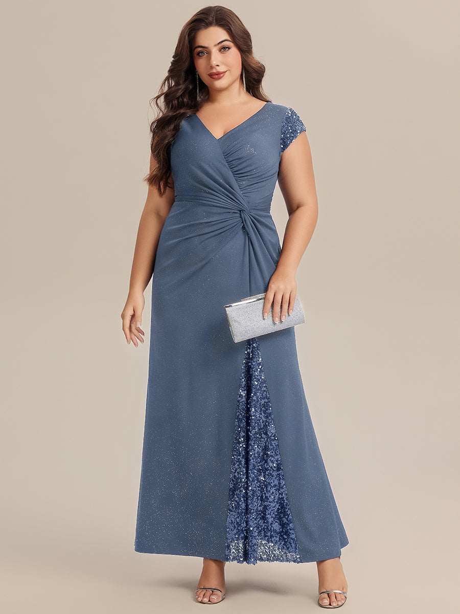 Knotted Knit Cap Sleeve Maxi Glitter Evening Dress #color_Dusty Blue
