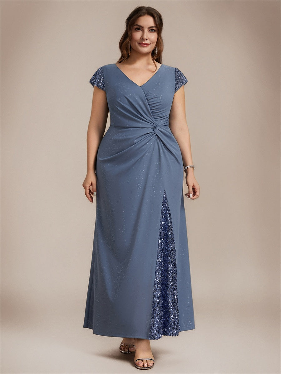 Plus Size Knotted Knit Cap Sleeve Maxi Glitter Evening Dress #color_Dusty Blue