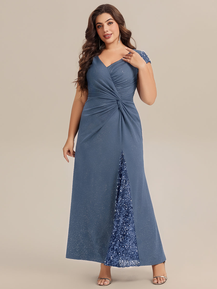 Plus Size Knotted Knit Cap Sleeve Maxi Glitter Evening Dress #color_Dusty Blue