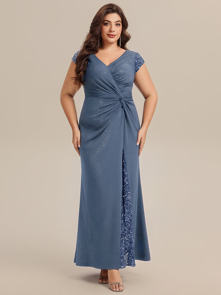 Plus Size Knotted Knit Cap Sleeve Maxi Glitter Evening Dress #color_Dusty Blue