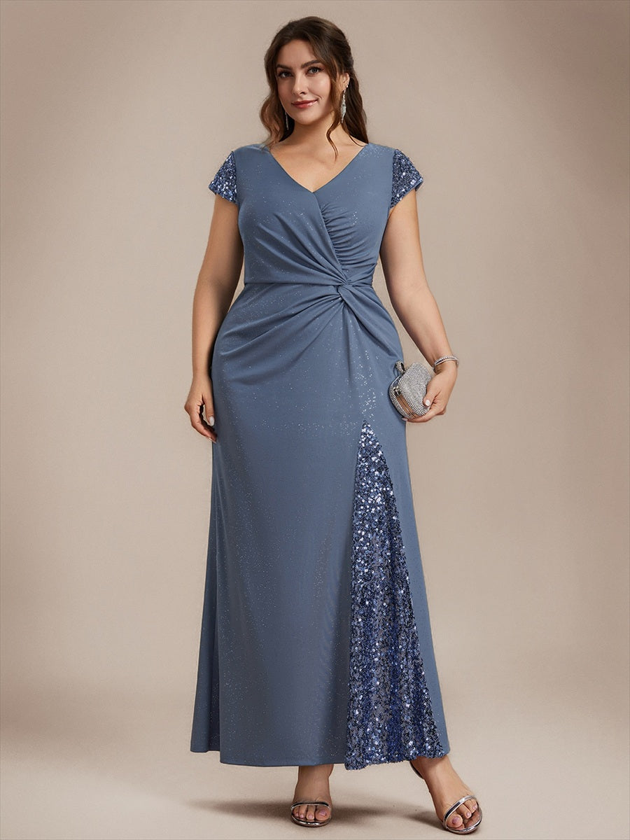 Plus Size Knotted Knit Cap Sleeve Maxi Glitter Evening Dress #color_Dusty Blue