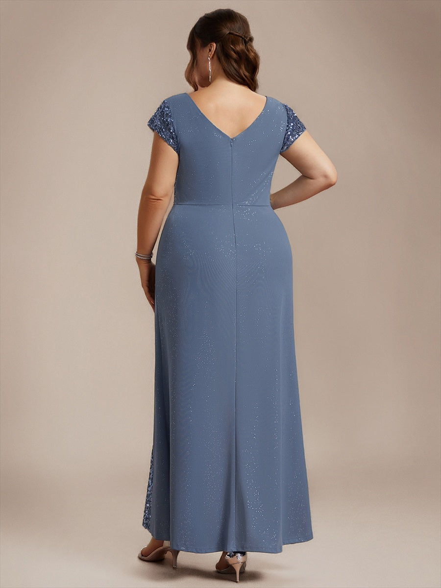 Knotted Knit Cap Sleeve Maxi Glitter Evening Dress #color_Dusty Blue