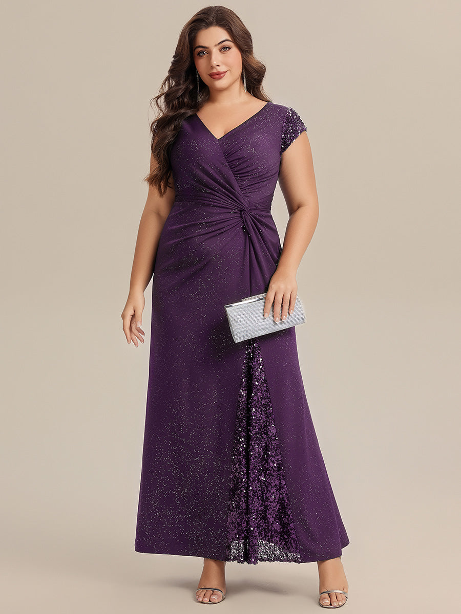 Plus Size Knotted Knit Cap Sleeve Maxi Glitter Evening Dress #color_Dark Purple