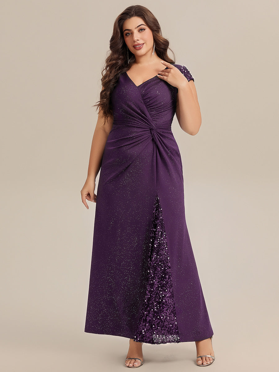 Plus Size Knotted Knit Cap Sleeve Maxi Glitter Evening Dress #color_Dark Purple