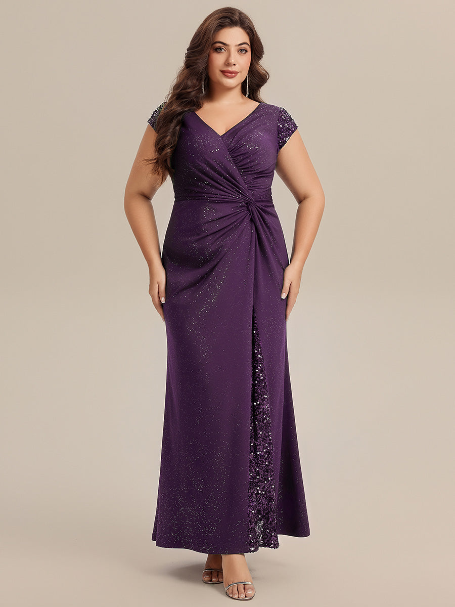 Plus Size Knotted Knit Cap Sleeve Maxi Glitter Evening Dress #color_Dark Purple
