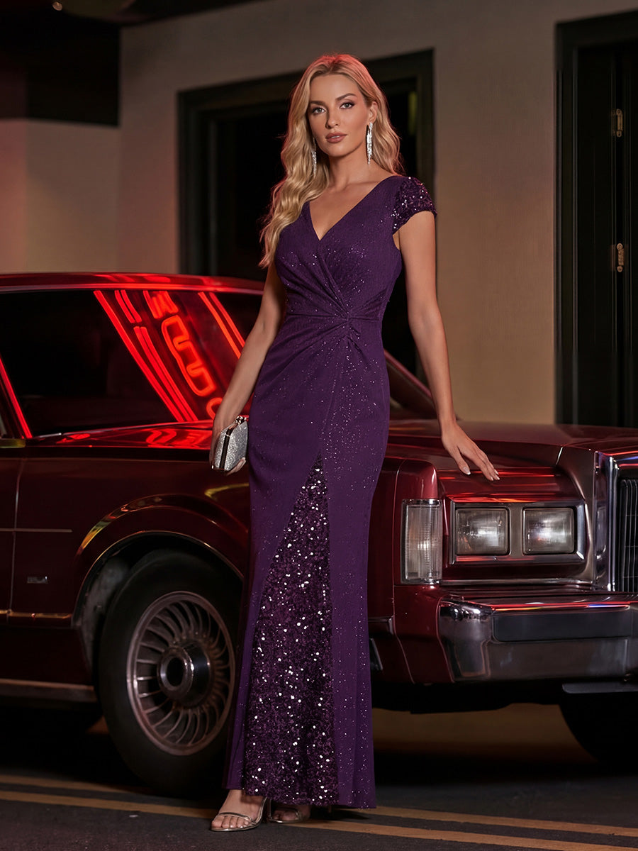 Knotted Knit Cap Sleeve Maxi Glitter Evening Dress #color_Dark Purple