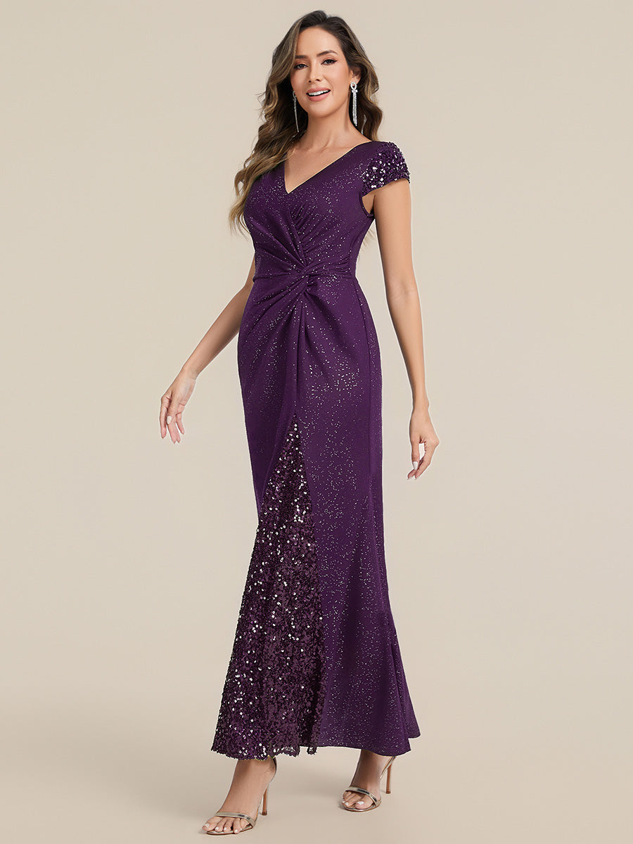 Knotted Knit Cap Sleeve Maxi Glitter Evening Dress #color_Dark Purple