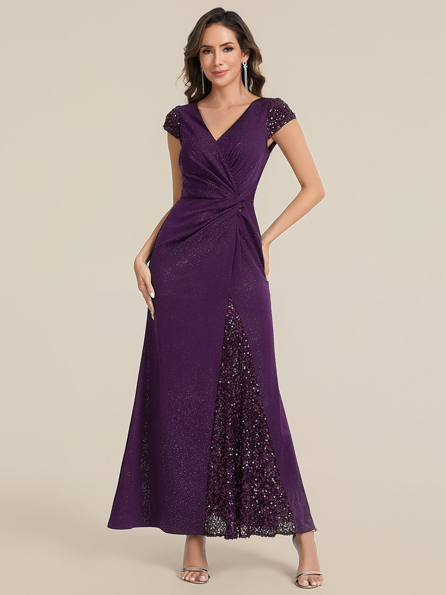 Knotted Knit Cap Sleeve Maxi Glitter Evening Dress #color_Dark Purple