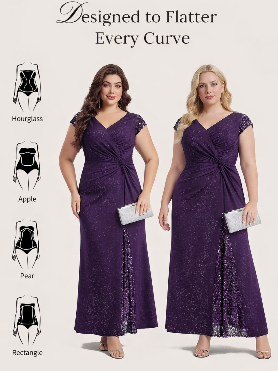 Knotted Knit Cap Sleeve Maxi Glitter Evening Dress #color_Dark Purple