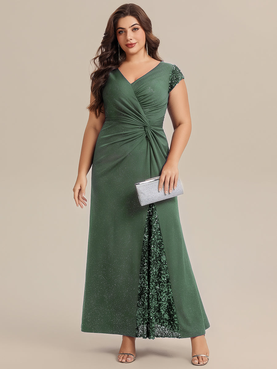 Knotted Knit Cap Sleeve Maxi Glitter Evening Dress #color_Eucalyptus