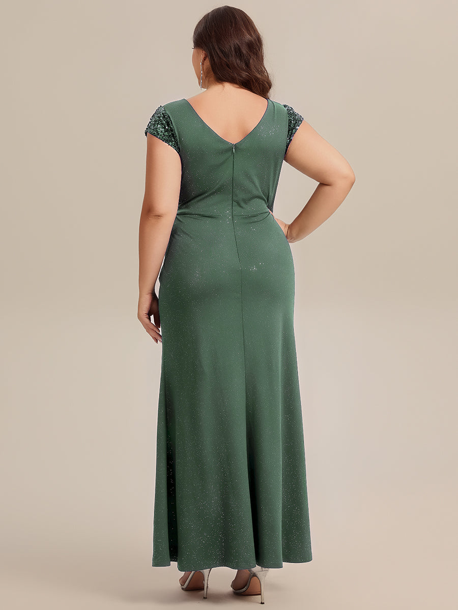 Knotted Knit Cap Sleeve Maxi Glitter Evening Dress #color_Eucalyptus