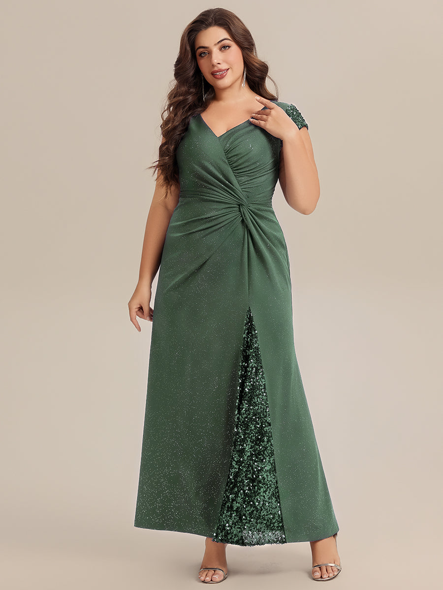 Knotted Knit Cap Sleeve Maxi Glitter Evening Dress #color_Eucalyptus