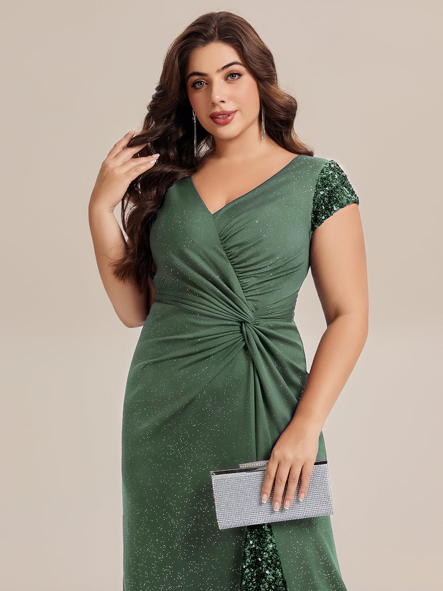 Knotted Knit Cap Sleeve Maxi Glitter Evening Dress #color_Eucalyptus