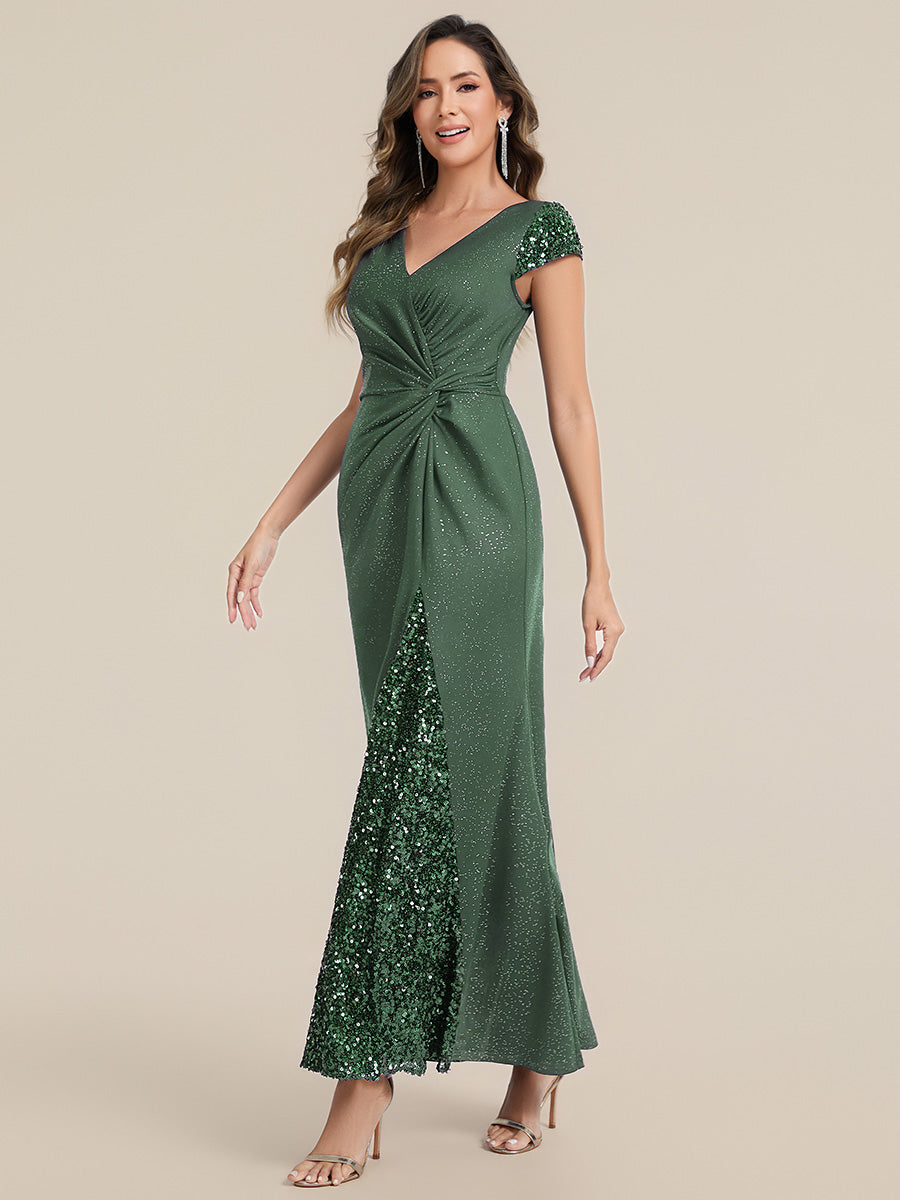 Knotted Knit Cap Sleeve Maxi Glitter Evening Dress #color_Eucalyptus