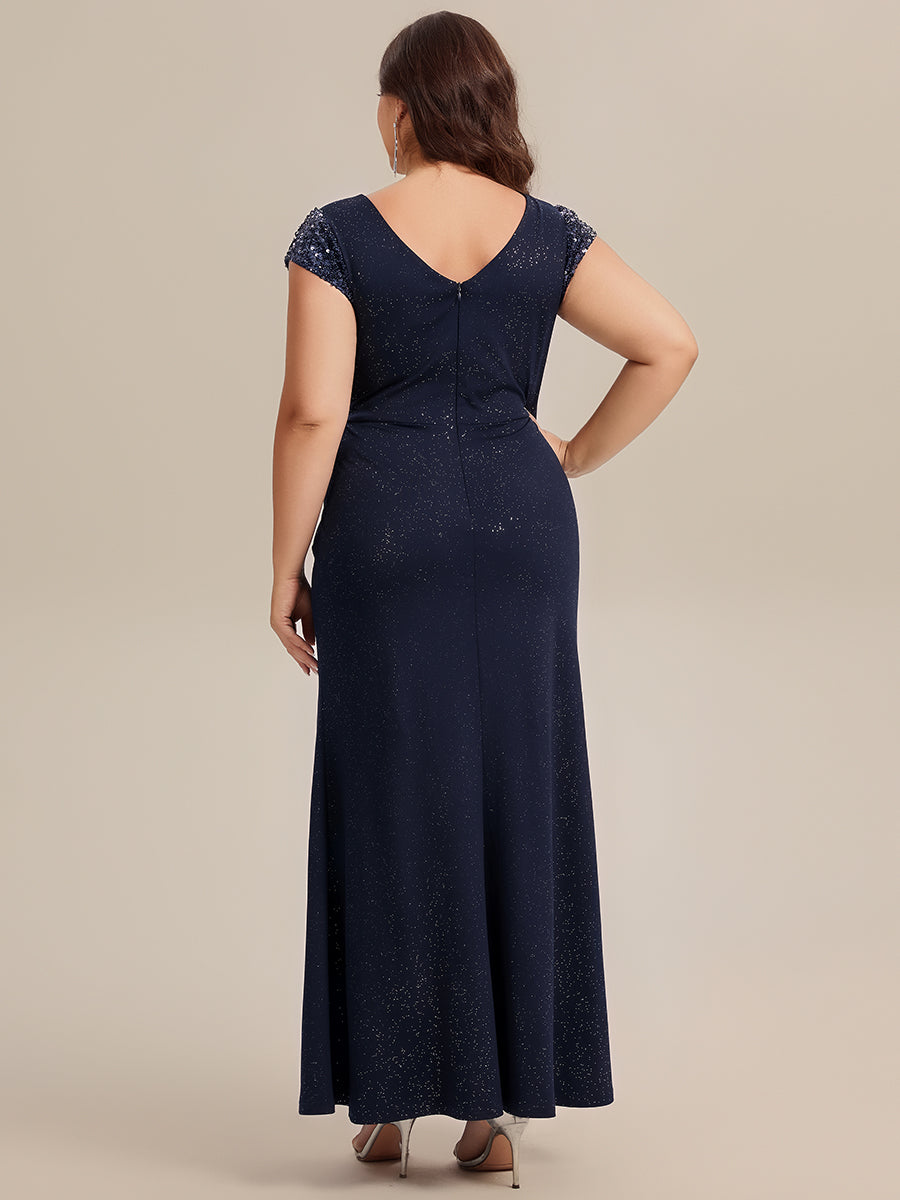 Plus Size Knotted Knit Cap Sleeve Maxi Glitter Evening Dress #color_Navy Blue
