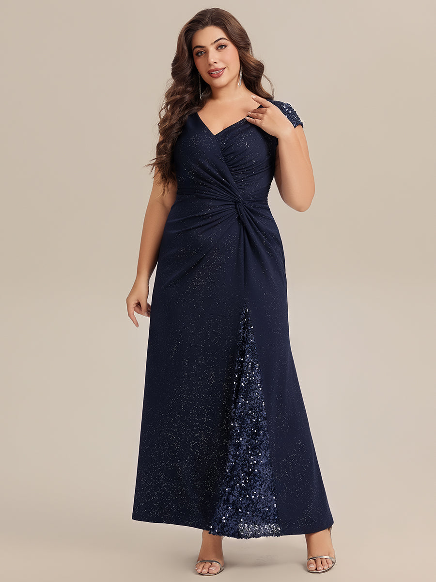 Plus Size Knotted Knit Cap Sleeve Maxi Glitter Evening Dress #color_Navy Blue