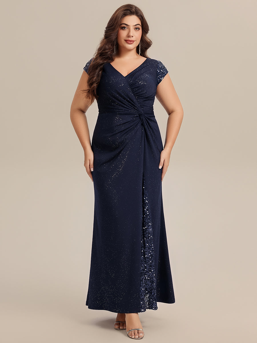 Knotted Knit Cap Sleeve Maxi Glitter Evening Dress #color_Navy Blue