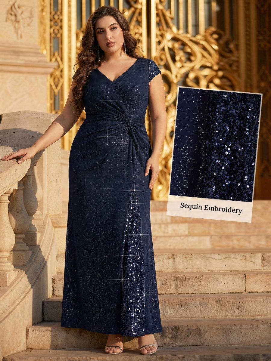 Knotted Knit Cap Sleeve Maxi Glitter Evening Dress #color_Navy Blue