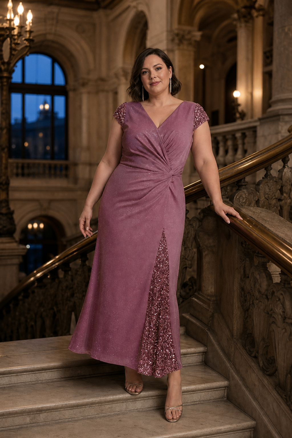 Plus Size Knotted Knit Cap Sleeve Maxi Glitter Evening Dress #color_Purple Orchid