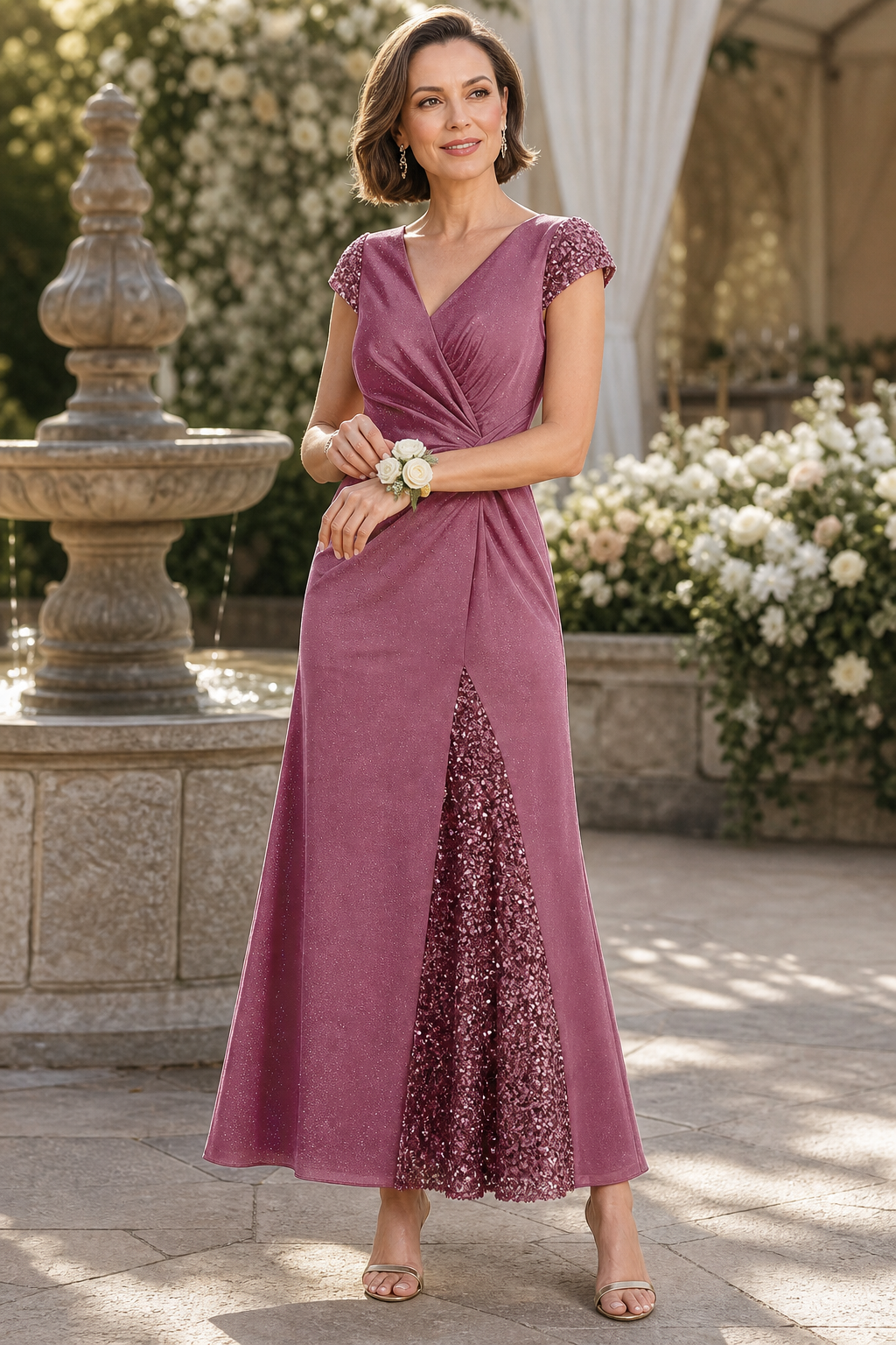 Plus Size Knotted Knit Cap Sleeve Maxi Glitter Evening Dress #color_Purple Orchid