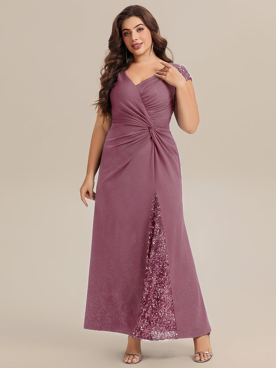 Plus Size Knotted Knit Cap Sleeve Maxi Glitter Evening Dress #color_Purple Orchid