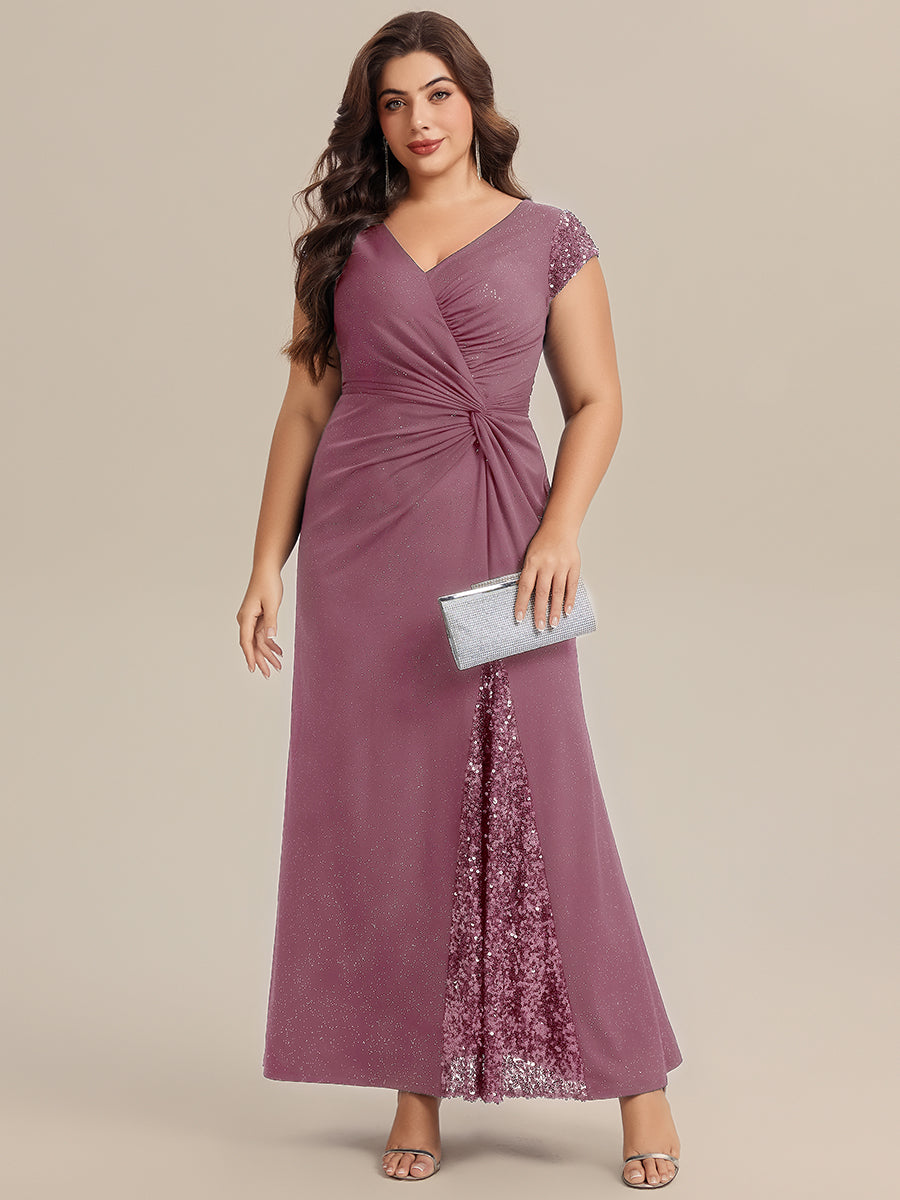 Plus Size Knotted Knit Cap Sleeve Maxi Glitter Evening Dress #color_Purple Orchid