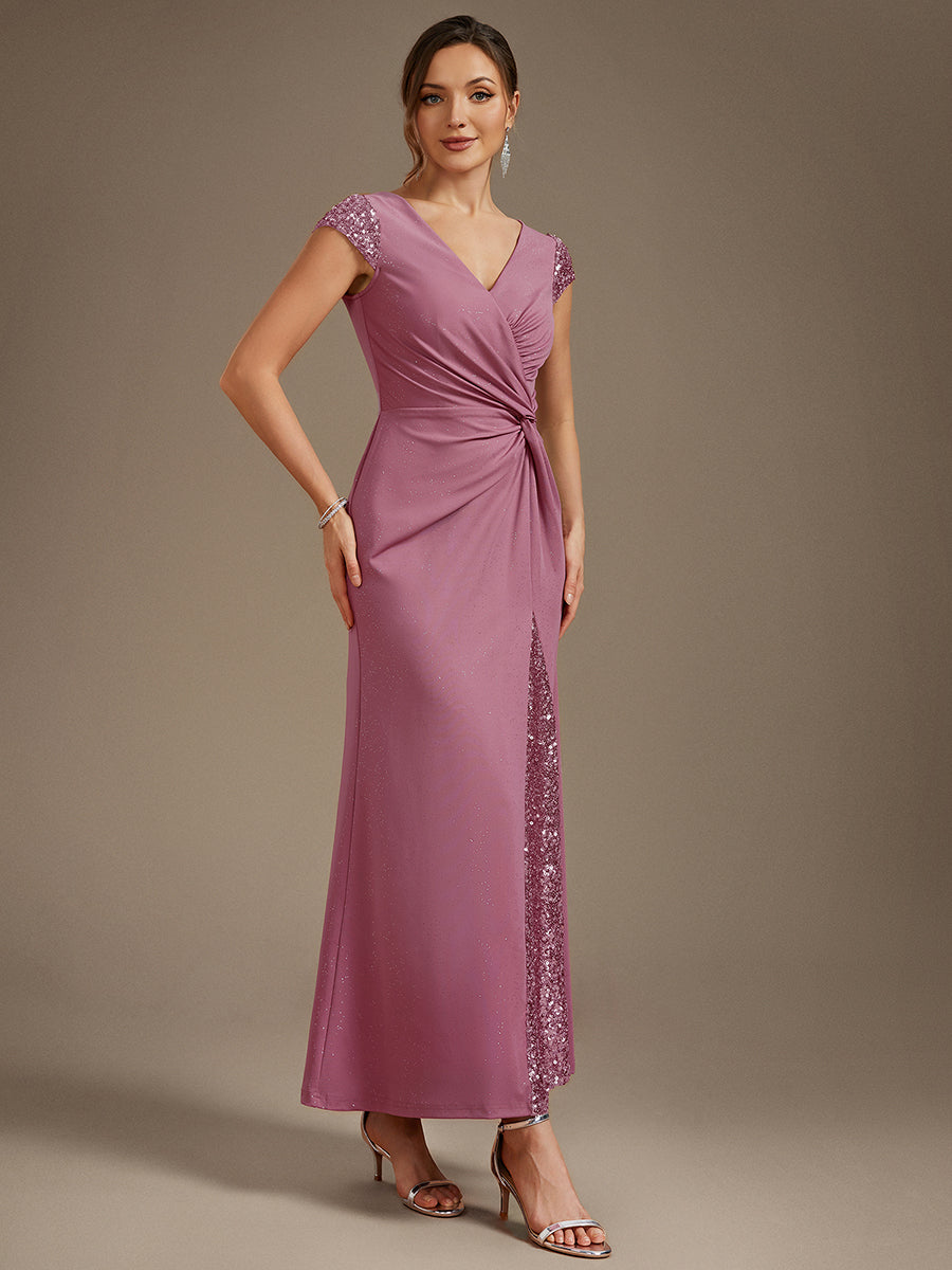 Knotted Knit Cap Sleeve Maxi Glitter Evening Dress #color_Purple Orchid