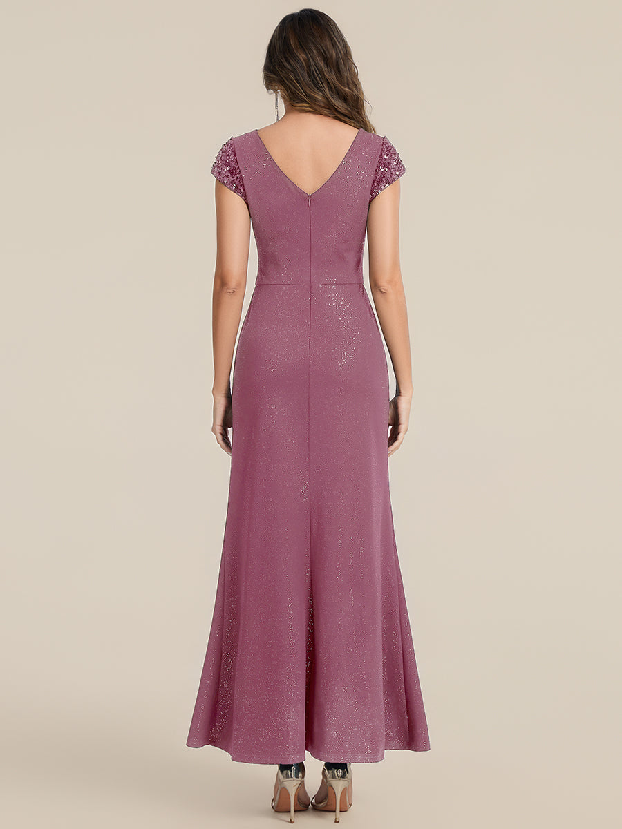 Knotted Knit Cap Sleeve Maxi Glitter Evening Dress #color_Purple Orchid