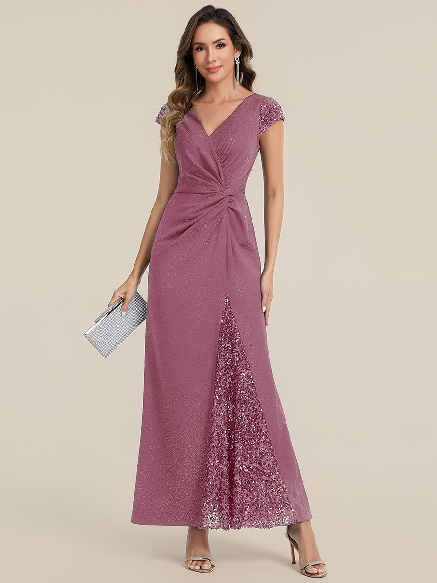Knotted Knit Cap Sleeve Maxi Glitter Evening Dress #color_Purple Orchid