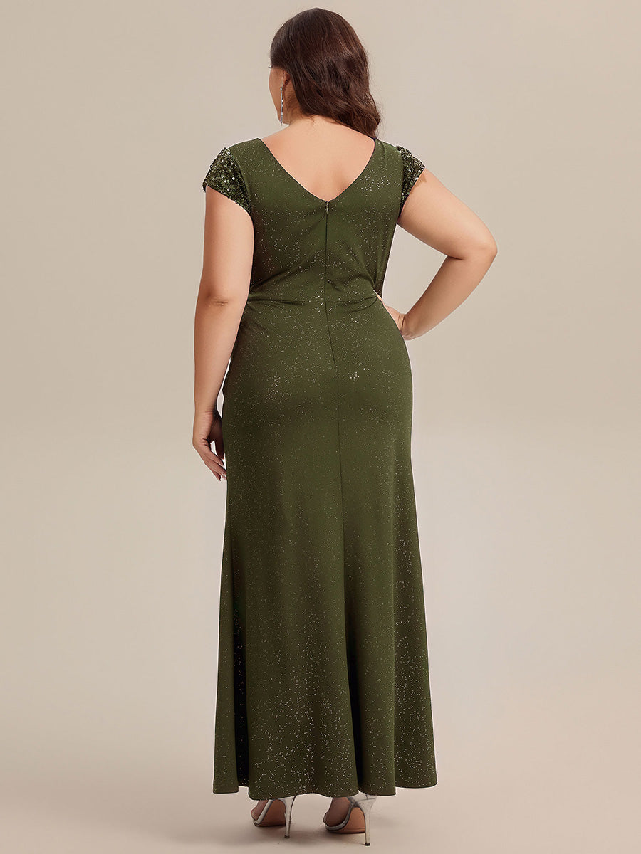 Knotted Knit Cap Sleeve Maxi Glitter Evening Dress #color_Olive Green