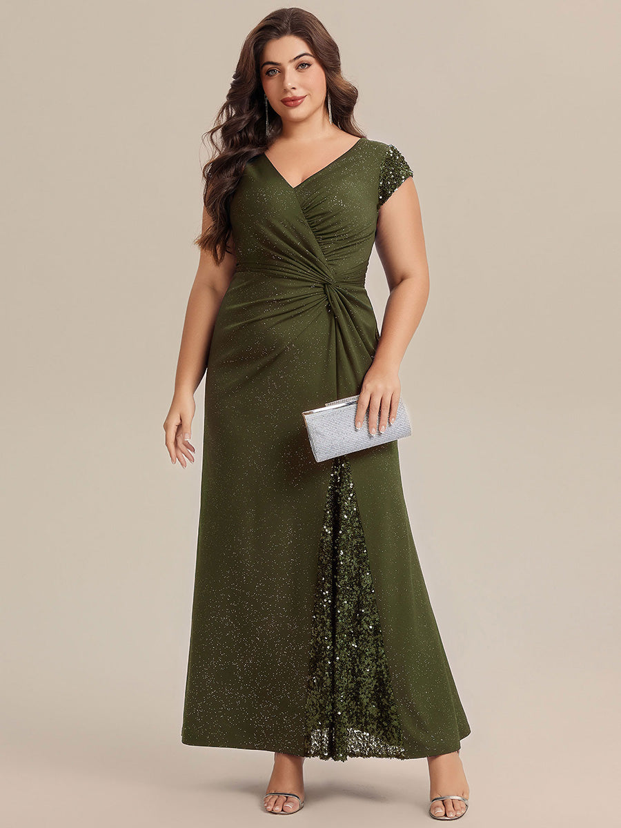 Knotted Knit Cap Sleeve Maxi Glitter Evening Dress #color_Olive Green