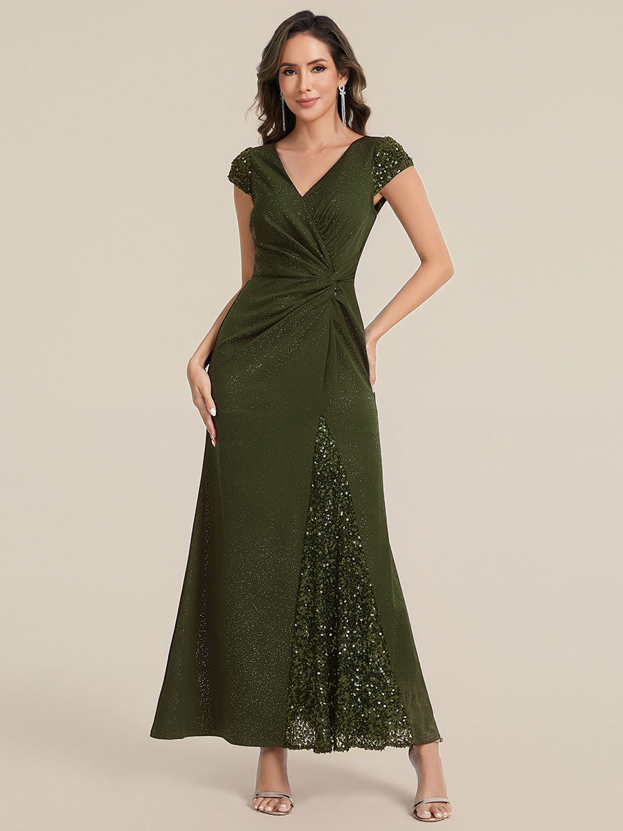 Knotted Knit Cap Sleeve Maxi Glitter Evening Dress #color_Olive Green