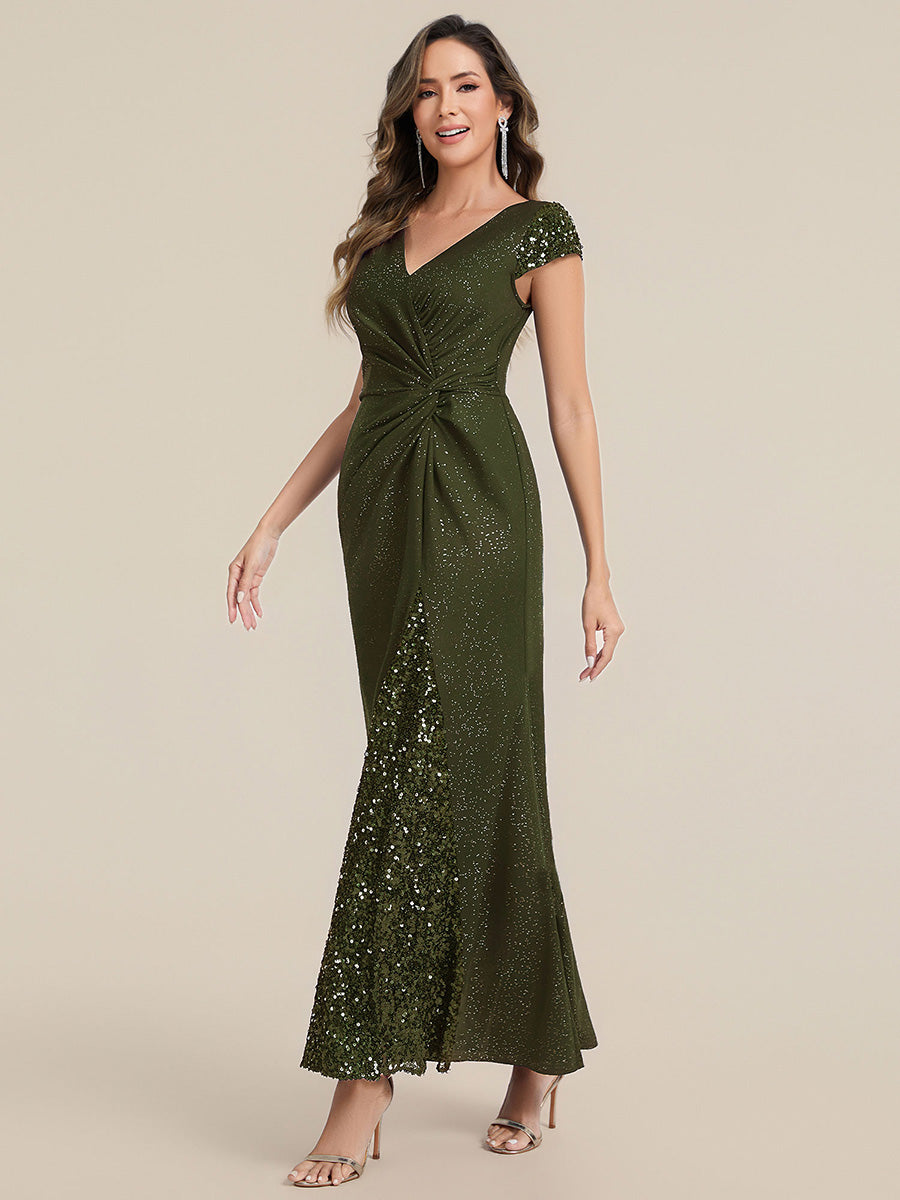 Knotted Knit Cap Sleeve Maxi Glitter Evening Dress #color_Olive Green