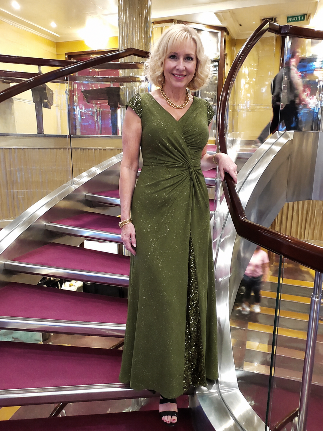 Knotted Knit Cap Sleeve Maxi Glitter Evening Dress #color_Olive Green