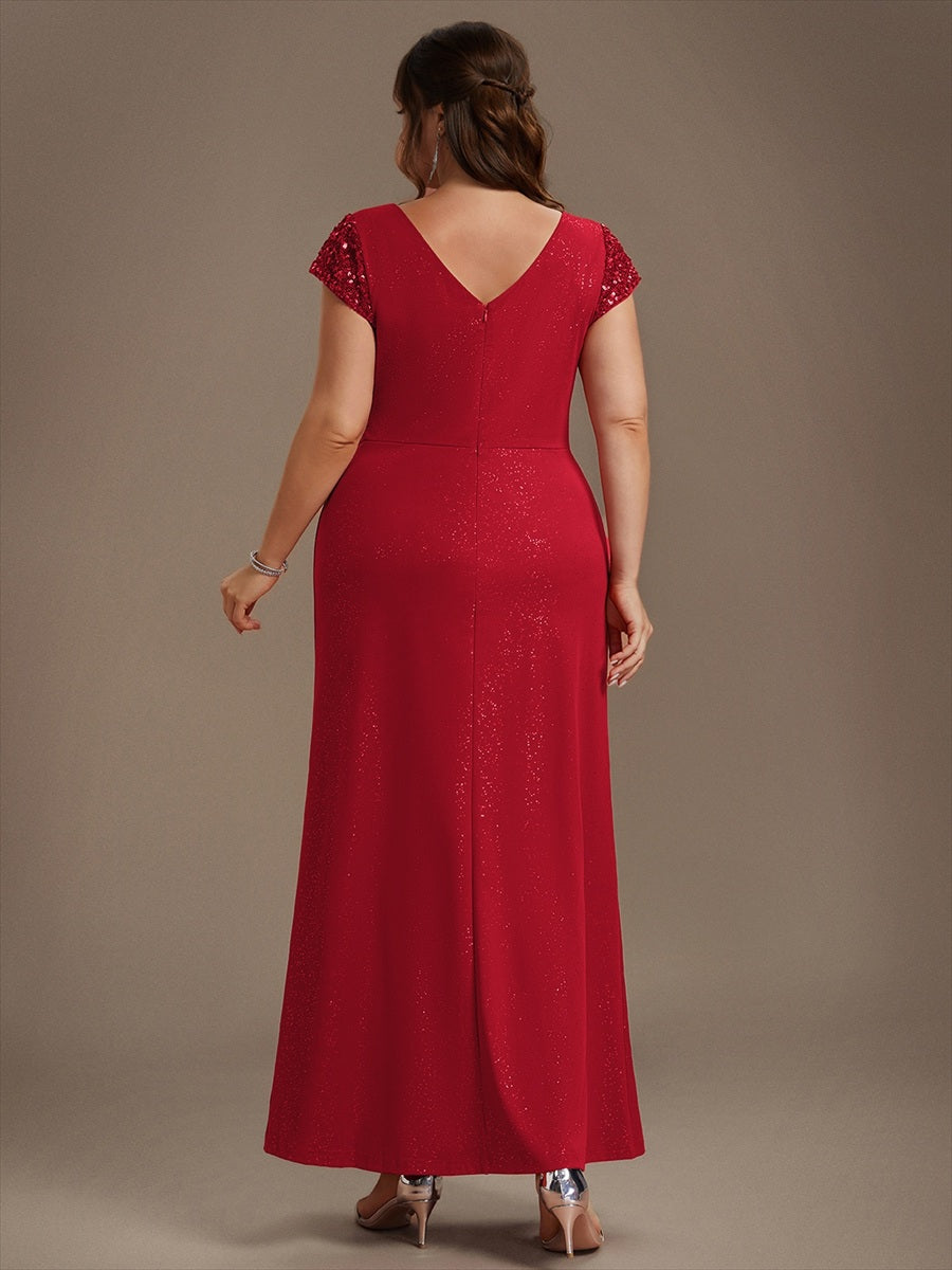 Plus Size Knotted Knit Cap Sleeve Maxi Glitter Evening Dress #color_Red