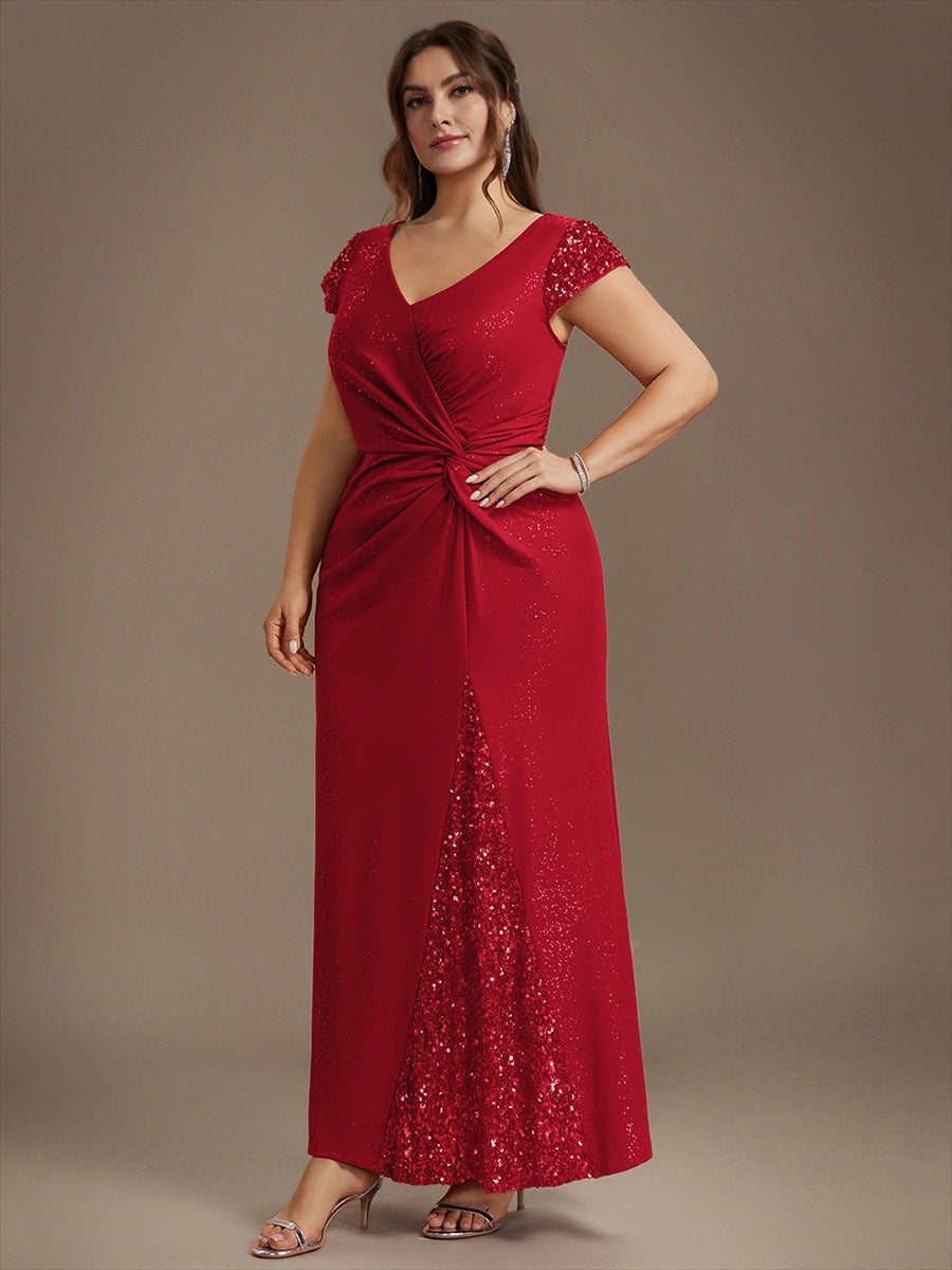 Plus Size Knotted Knit Cap Sleeve Maxi Glitter Evening Dress #color_Red