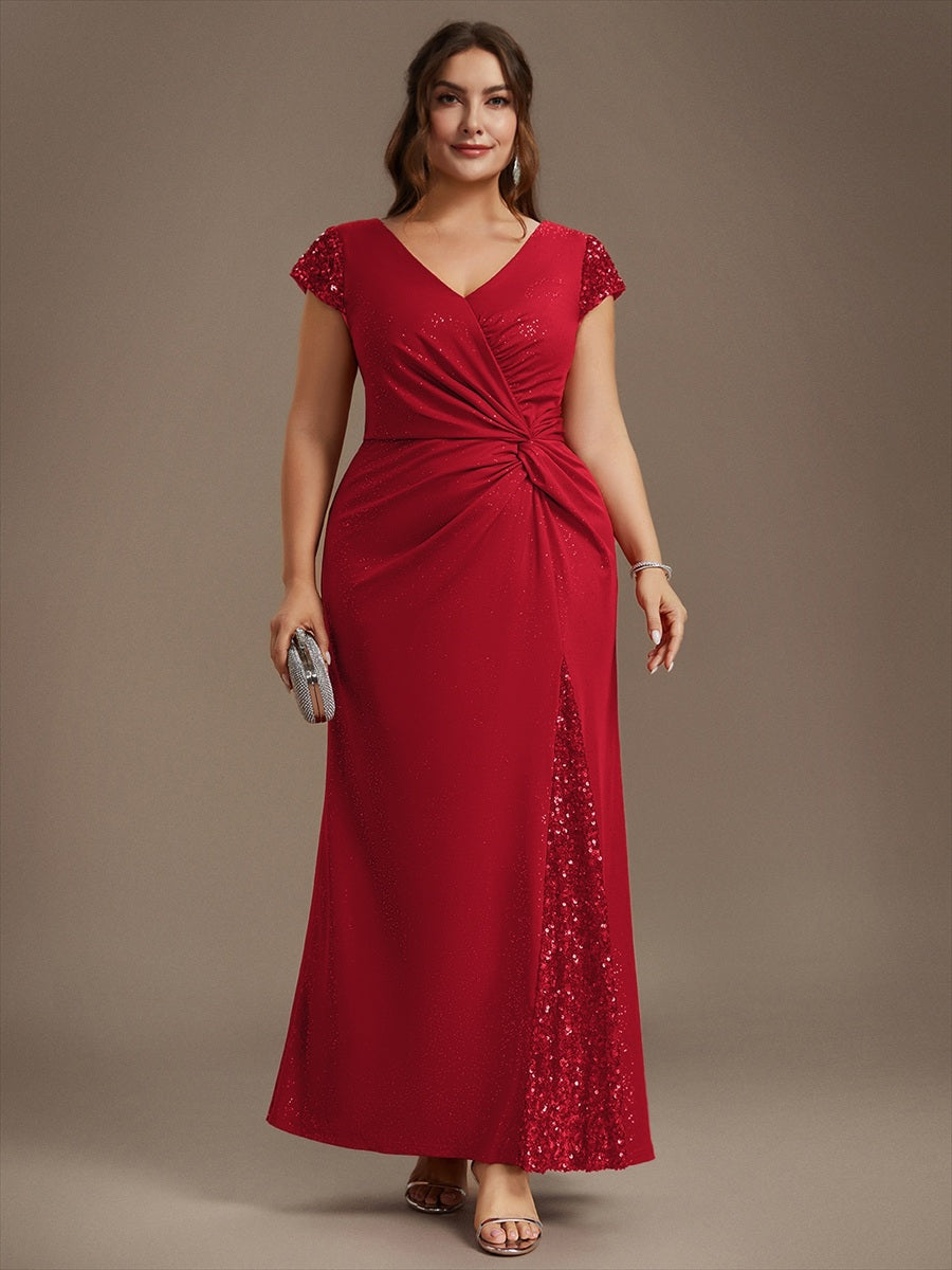 Plus Size Knotted Knit Cap Sleeve Maxi Glitter Evening Dress #color_Red