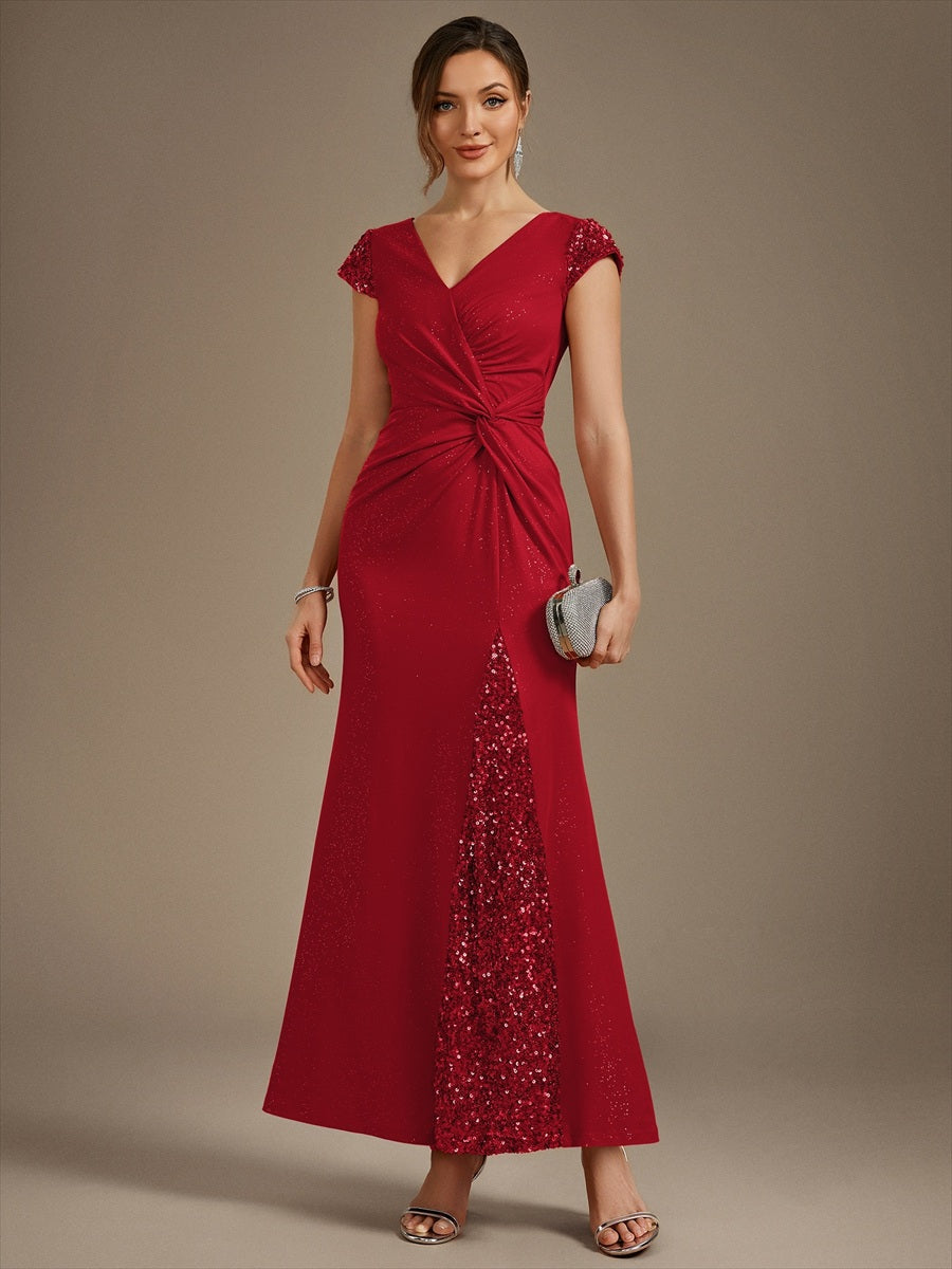 Knotted Knit Cap Sleeve Maxi Glitter Evening Dress #color_Red