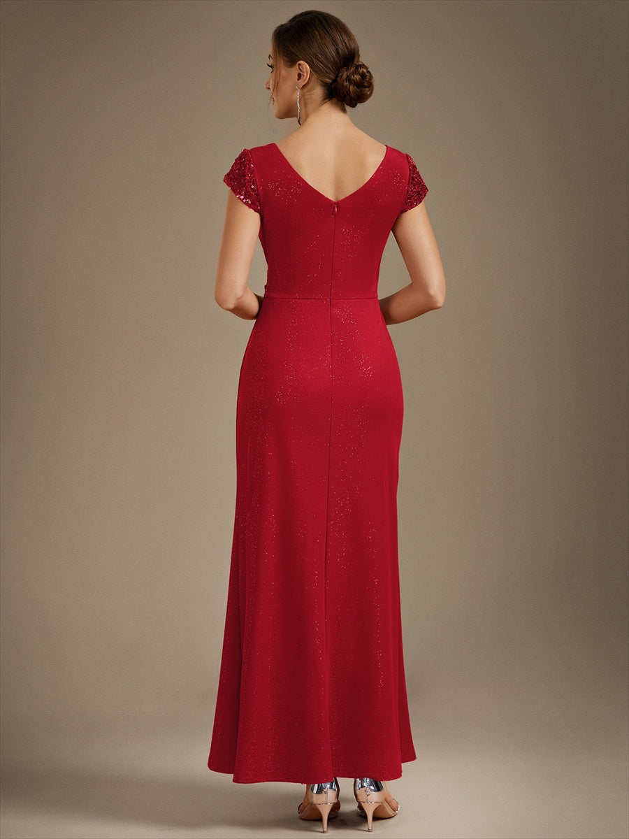 Knotted Knit Cap Sleeve Maxi Glitter Evening Dress #color_Red
