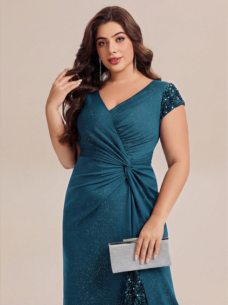 Plus Size Knotted Knit Cap Sleeve Maxi Glitter Evening Dress #color_Teal
