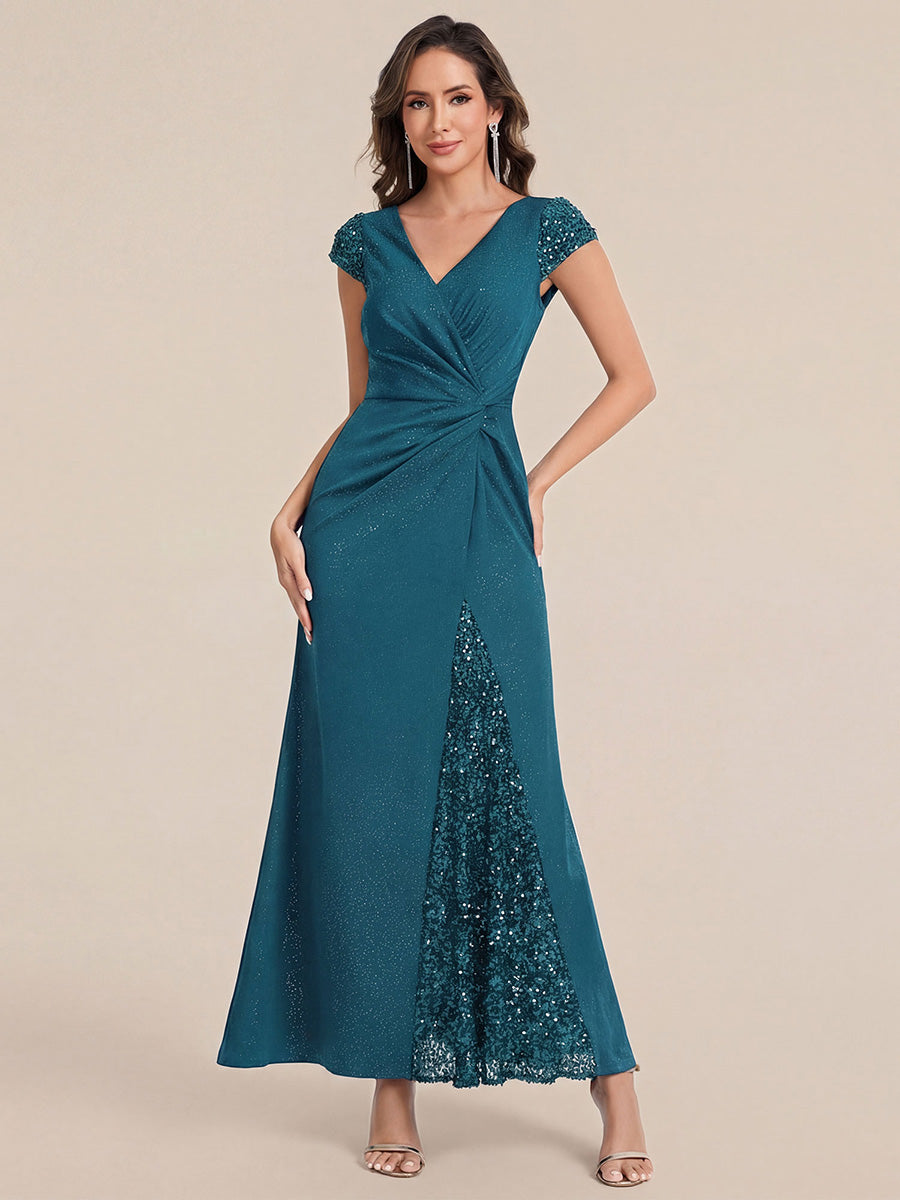 Knotted Knit Cap Sleeve Maxi Glitter Evening Dress #color_Teal