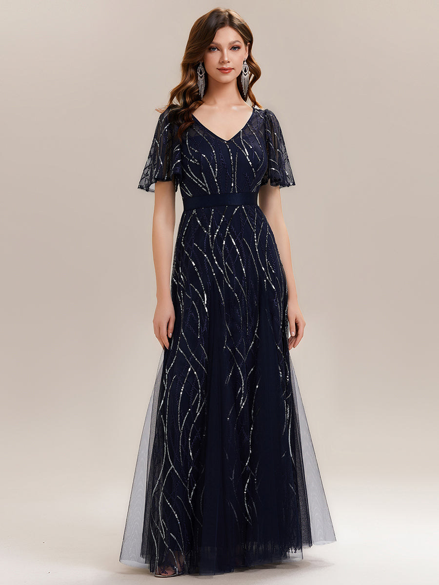V-Neck Sequin Ruffle Sleeve Maxi Evening Dress #color_Navy Blue